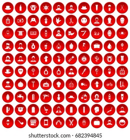 100 barber icons set in red circle isolated on white vector illustration