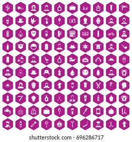 100 barber icons set in violet hexagon isolated vector illustration
