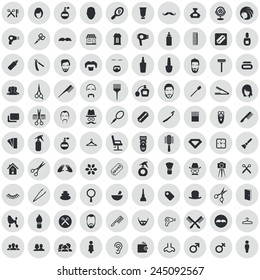 100 barbershop icons, black on circle gray background 