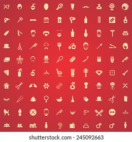 100 barbershop icons, yellow on red background 