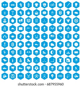 100 baseball icons set in blue hexagon isolated vector illustration