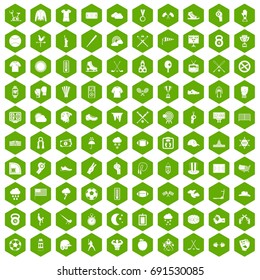 100 baseball icons set in green hexagon isolated vector illustration