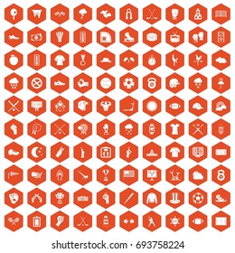 100 baseball icons set in orange hexagon isolated vector illustration