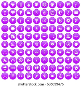 100 baseball icons set in purple circle isolated on white vector illustration