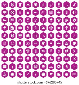 100 baseball icons set in violet hexagon isolated vector illustration