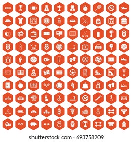 100 basketball icons set in orange hexagon isolated vector illustration