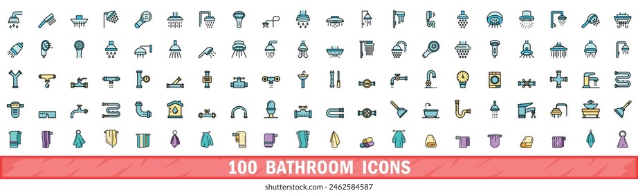 100 bathroom icons set. Color line set of bathroom vector icons thin line color flat on white