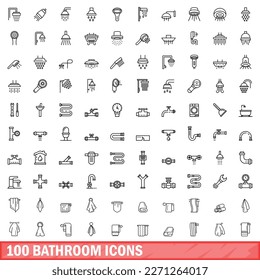 100 iconos de baño. Ilustración de esquema de 100 iconos de baño conjunto de vectores aislados en fondo blanco