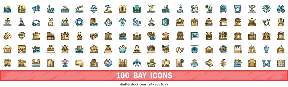 100 bay icons set. Color line set of bay vector icons thin line color flat on white