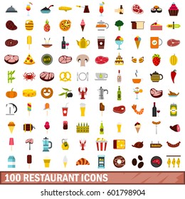 100 bbq food restaurant icons set. Flat illustration of 100 bbq food restaurant vector icons set isolated on white background