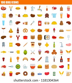 100 bbq icon set. Flat set of 100 bbq vector icons for web design