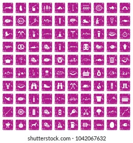 100 BBQ icons set in grunge style pink color isolated on white background vector illustration