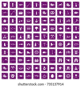 100 BBQ icons set in grunge style purple color isolated on white background vector illustration