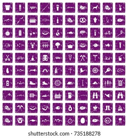 100 BBQ icons set in grunge style purple color isolated on white background vector illustration