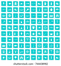 100 BBQ icons set in grunge style blue color isolated on white background vector illustration