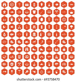 100 BBQ icons set in orange hexagon isolated vector illustration