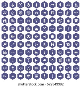 100 BBQ icons set in purple hexagon isolated vector illustration