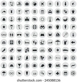 100 beach icons, black on circle gray background 