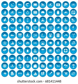 100 beach icons set in blue circle isolated on white vector illustration