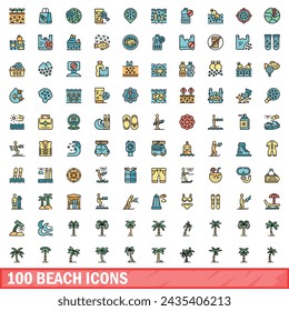 100 beach icons set. Color line set of beach vector icons thin line color flat on white