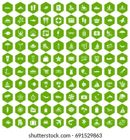 100 beach icons set in green hexagon isolated vector illustration