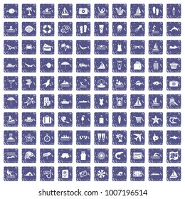 100 beach icons set in grunge style sapphire color isolated on white background vector illustration