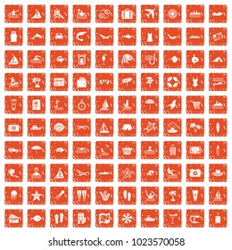 100 beach icons set in grunge style orange color isolated on white background vector illustration