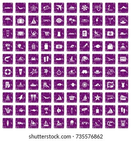 100 beach icons set in grunge style purple color isolated on white background vector illustration