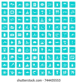 100 beach icons set in grunge style blue color isolated on white background vector illustration