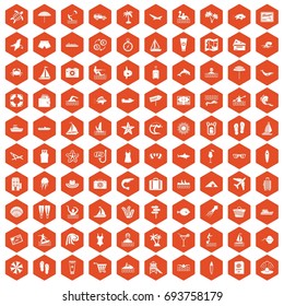 100 beach icons set in orange hexagon isolated vector illustration
