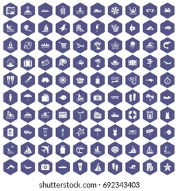 100 beach icons set in purple hexagon isolated vector illustration