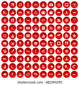 100 beach icons set in red circle isolated on white vector illustration