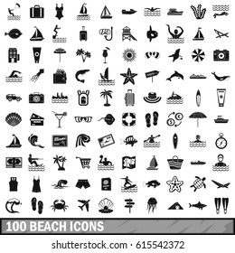 100 beach icons set. Simple illustration of 100 beach vector icons set isolated on white backgroung