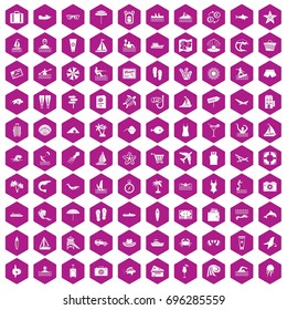 100 beach icons set in violet hexagon isolated vector illustration