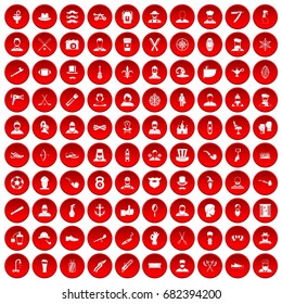 100 beard icons set in red circle isolated on white vector illustration