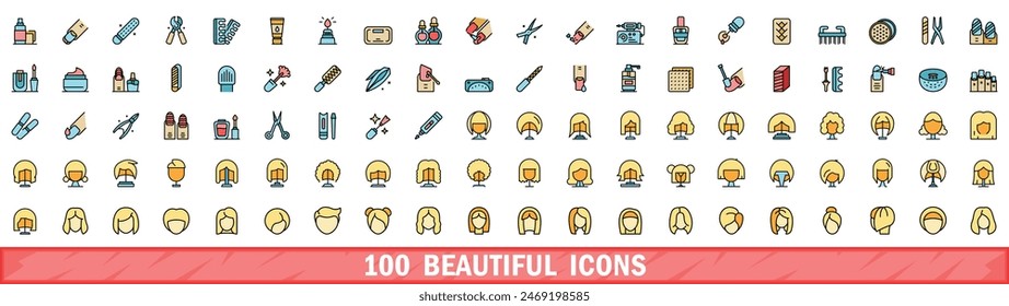 100 hermosos iconos. Conjunto de línea de color de hermosos iconos vectoriales de línea delgada de color plano sobre blanco