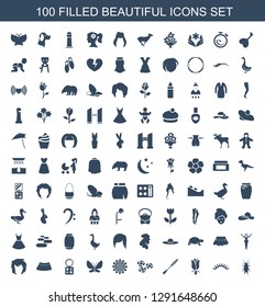 100 beautiful icons. Trendy beautiful icons white background. Included filled icons such as beetle, eyelashes, rose, mascara, flower, sunflower. beautiful icon for web and mobile.
