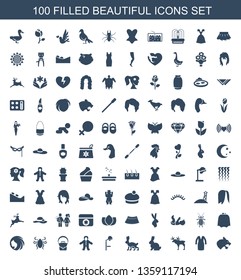 100 beautiful icons. Trendy beautiful icons white background. Included filled icons such as panther, dress, moose, rabbit, salon hair dryer. beautiful icon for web and mobile.