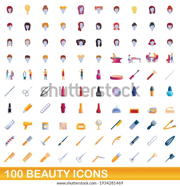 100 beauty icons set.\
Cartoon illustration of 100 beauty icons vector set isolated on\
white background