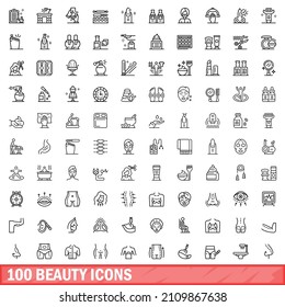 100 beauty icons set. Outline illustration of 100 beauty icons vector set isolated on white background