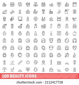 100 beauty icons set. Outline illustration of 100 beauty icons vector set isolated on white background