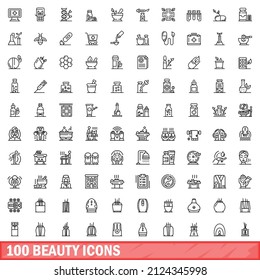 100 beauty icons set. Outline illustration of 100 beauty icons vector set isolated on white background