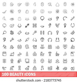 100 beauty icons set. Outline illustration of 100 beauty icons vector set isolated on white background