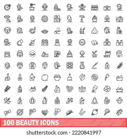 100 beauty icons set. Outline illustration of 100 beauty icons vector set isolated on white background