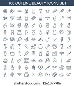100 beauty icons. Trendy beauty icons white background. Included outline icons such as broken heart, lotus, comb, spa stone, flower, dress, skirt. beauty icon for web and mobile.
