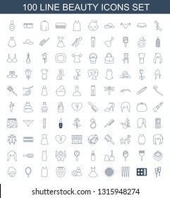 100 beauty icons. Trendy beauty icons white background. Included line icons such as pipette, eyeshadow palette, curly hair, sunflower, dress, spa stones. beauty icon for web and mobile.