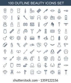 100 beauty icons. Trendy beauty icons white background. Included outline icons such as razor, eyeshadow palette, flower, lotus, hairstyle, Casino girl. beauty icon for web and mobile.