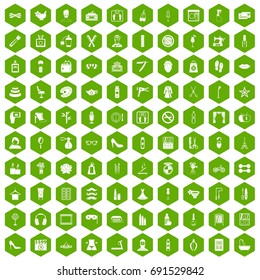 100 beauty and makeup icons set in green hexagon isolated vector illustration