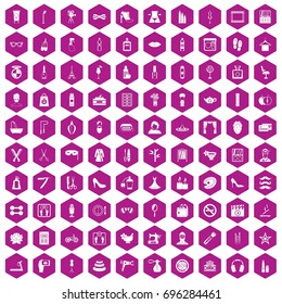 100 beauty and makeup icons set in violet hexagon isolated vector illustration