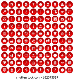 100 beauty product icons set in red circle isolated on white vector illustration